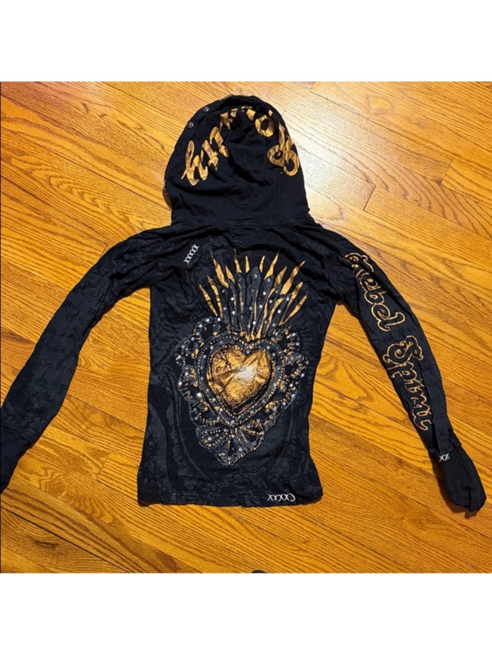 π₯ Rebel Spirit Gold Embellished Hoodie β Y2K Gothic / Ed Hardy Style π₯ - Picture 5 of 5